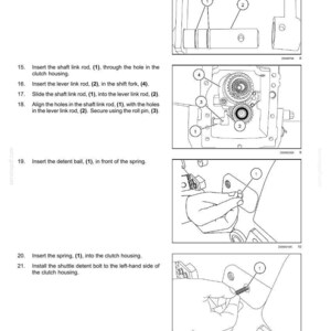 May include: Diagram of mechanical components with numbered parts and instructions for assembly. Includes close-up views of gears, rods, and a spring, with labels and arrows indicating assembly steps. Text at the top reads "TRANSMISSION, DRIVE AND PTO OUT - TRANSMISSION Mechanical."