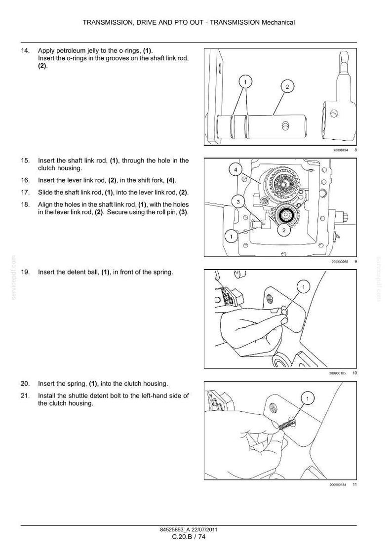 May include: Diagram of mechanical components with numbered parts and instructions for assembly. Includes close-up views of gears, rods, and a spring, with labels and arrows indicating assembly steps. Text at the top reads "TRANSMISSION, DRIVE AND PTO OUT - TRANSMISSION Mechanical."