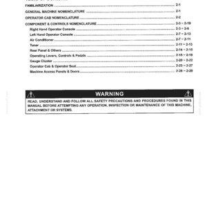 May include: A black and white technical manual page titled Section II - MACHINE FAMILIARISATION. It lists a table of contents for machine components, operator controls, and a warning box emphasising the need to read safety procedures before operation.