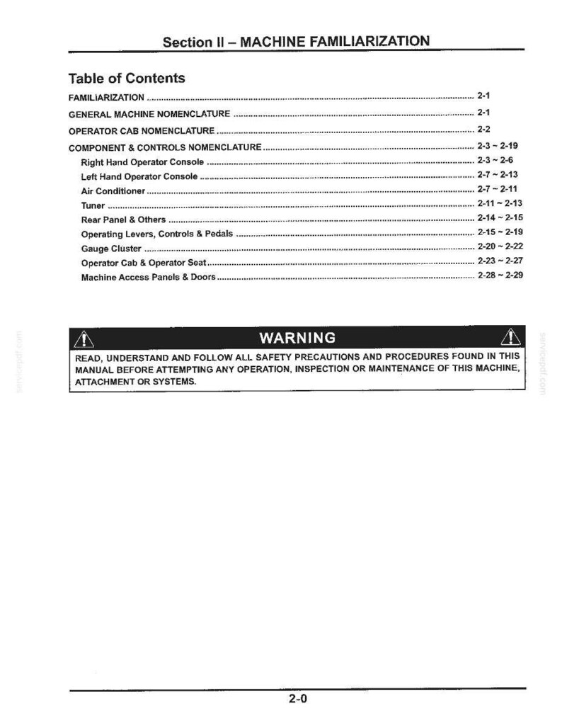 May include: A black and white technical manual page titled Section II - MACHINE FAMILIARISATION. It lists a table of contents for machine components, operator controls, and a warning box emphasising the need to read safety procedures before operation.