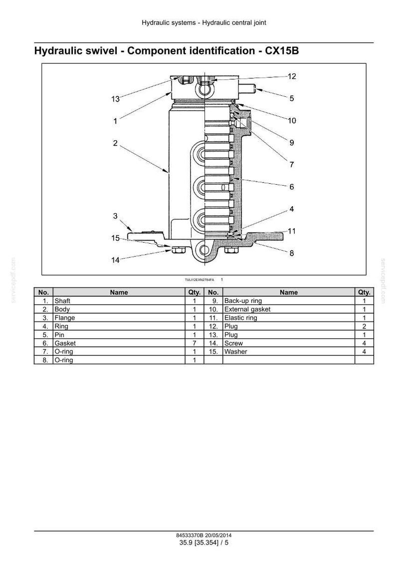 May include: Diagram of a hydraulic swivel component, labeled CX15B, with detailed internal parts. The image includes a parts list with names like "Shaft," "Body," and "Gasket," along with quantity information. The diagram is in black and white.