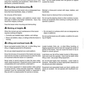 May include: A document page titled 2-SAFETY INFORMATION containing safety guidelines for tractor operation. Sections include Electrical storm safety, Mounting and dismounting, Working at heights, and Lifting and overhead loads with text.