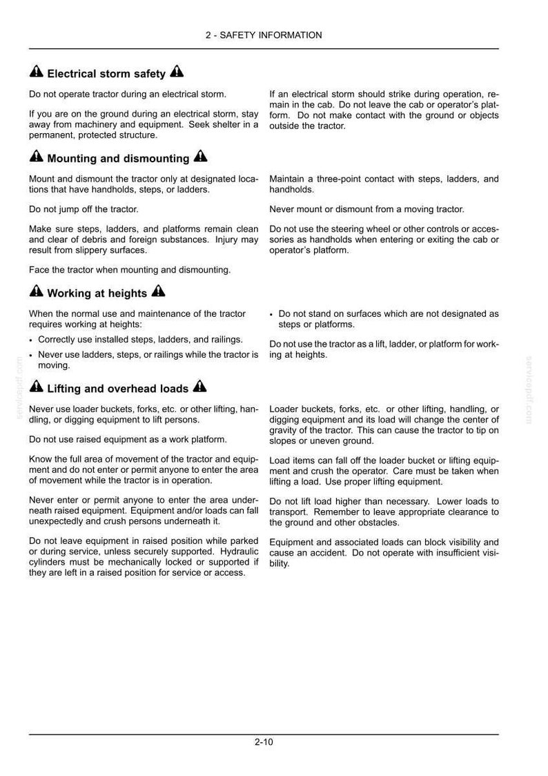 May include: A document page titled 2-SAFETY INFORMATION containing safety guidelines for tractor operation. Sections include Electrical storm safety, Mounting and dismounting, Working at heights, and Lifting and overhead loads with text.