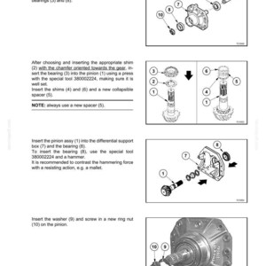 Puede incluir: Diagrama de componentes del eje delantero con etiquetas y flechas. Incluye un pi&ntilde;&oacute;n, cojinetes, calzas y una caja de soporte del diferencial. Instrucciones de texto detallan los pasos de montaje.