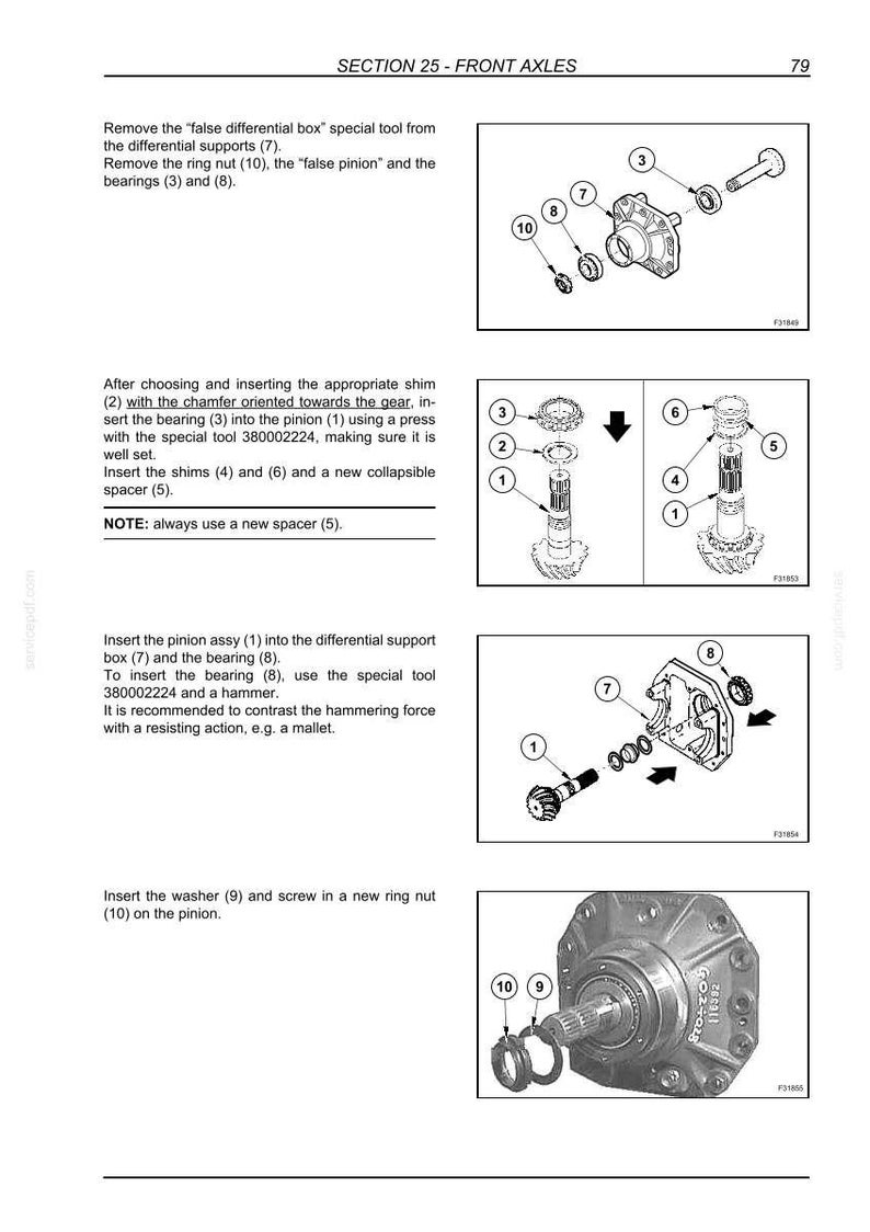 Puede incluir: Diagrama de componentes del eje delantero con etiquetas y flechas. Incluye un pi&ntilde;&oacute;n, cojinetes, calzas y una caja de soporte del diferencial. Instrucciones de texto detallan los pasos de montaje.