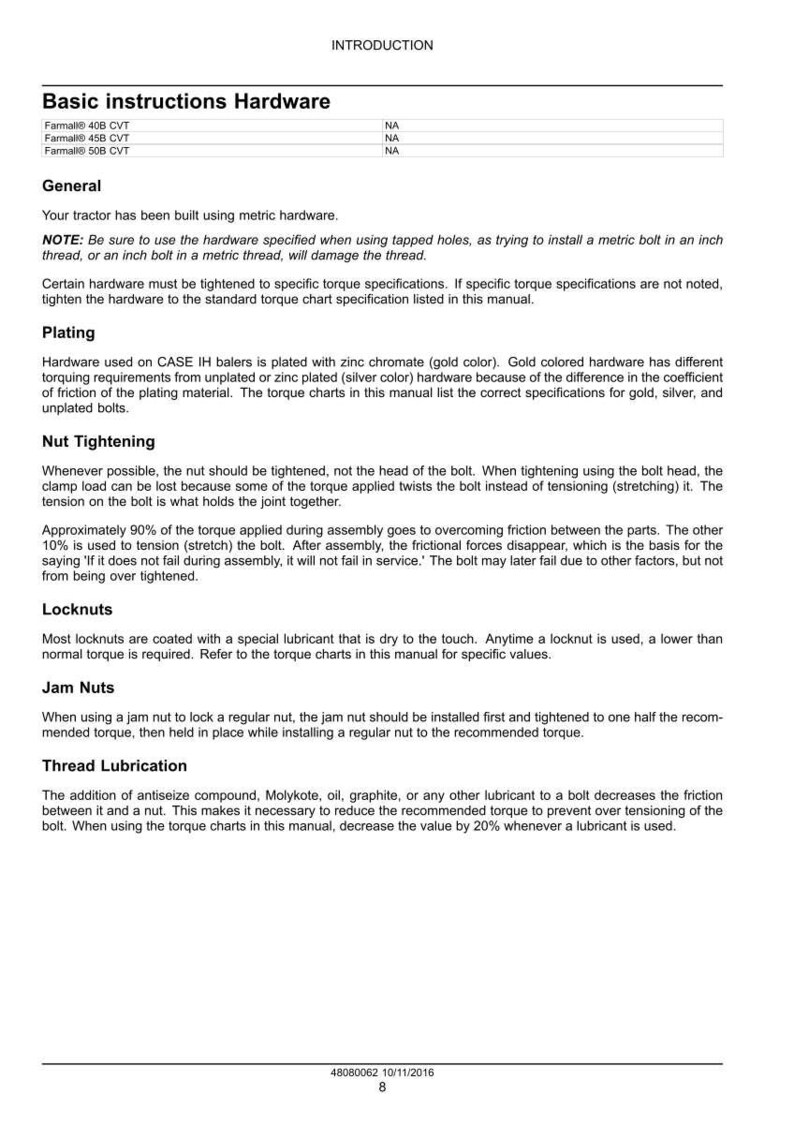 May include: A page from a manual titled "Basic instructions Hardware" with text about hardware, plating, nut tightening, locknuts, jam nuts, and thread lubrication. The manual includes specifications and instructions for various components.