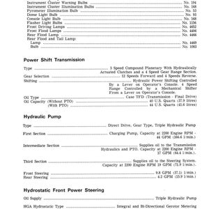 May include: A detailed technical document with sections on the electrical system, power shift transmission, and hydraulic pump. The document includes specifications for bulbs, lamps, oil capacity (40 U.S. quarts), and pump performance in gallons per minute.