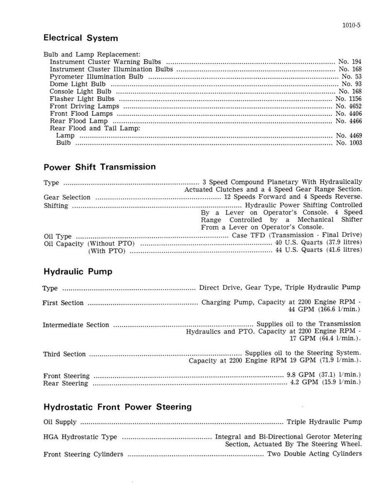 May include: A detailed technical document with sections on the electrical system, power shift transmission, and hydraulic pump. The document includes specifications for bulbs, lamps, oil capacity (40 U.S. quarts), and pump performance in gallons per minute.