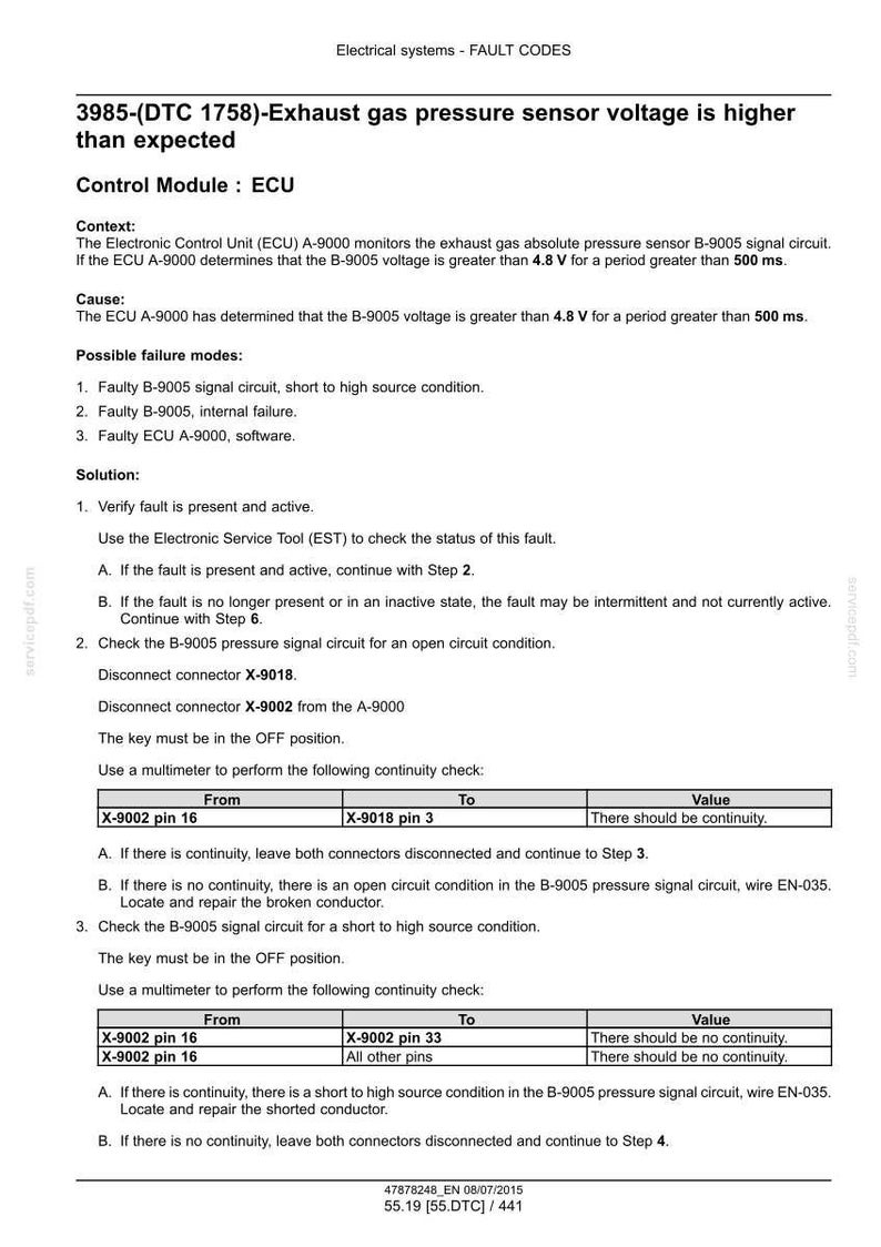 May include: A diagnostic document detailing fault codes for an exhaust gas pressure sensor. The text includes troubleshooting steps, possible failure modes, and continuity checks using a multimeter. The document is for electrical systems.