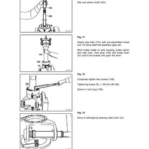 Puede incluir: Una p&aacute;gina de manual t&eacute;cnico con diagramas que ilustran los pasos de montaje mec&aacute;nico. Las figuras 70-73 muestran instrucciones detalladas para fijar piezas, incluyendo tubos de eje, tornillos y casquillos de cojinete. El texto incluye especificaciones de par en Nm.