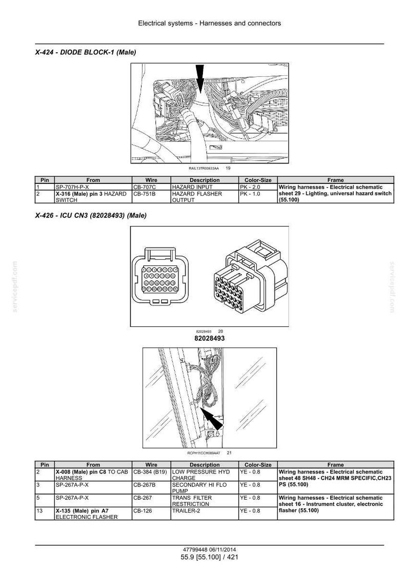 May include: Diagram of electrical system components, including wiring harnesses and connectors. The image features detailed schematics, pin configurations, and descriptions of various electrical components, such as diode blocks and ICU units.