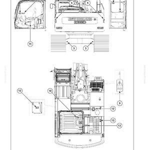 May include: A technical diagram labeled 2-SAFETY INFORMATION showing a New Holland Kobelco excavator. The illustration includes multiple views of the machinery with numbered callouts pointing to specific components, including the cabin interior and engine area.