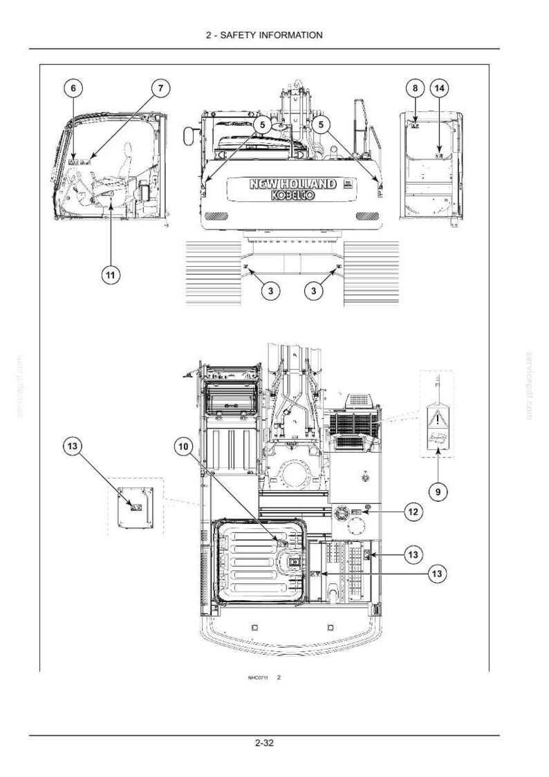 May include: A technical diagram labeled 2-SAFETY INFORMATION showing a New Holland Kobelco excavator. The illustration includes multiple views of the machinery with numbered callouts pointing to specific components, including the cabin interior and engine area.