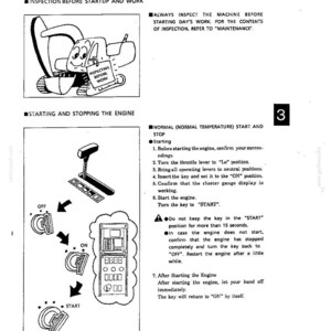 Pode incluir: Uma p&aacute;gina de manual t&eacute;cnico intitulada CHAPTER 3. OPERATION com desenhos de linha a preto e branco de um ve&iacute;culo de constru&ccedil;&atilde;o, uma alavanca de acelerador e uma sequ&ecirc;ncia de chave de igni&ccedil;&atilde;o rotulada OFF, ON e START, com texto.