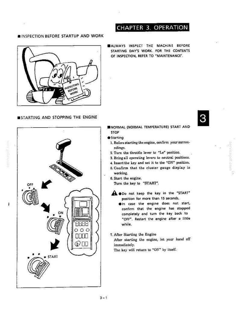 Pode incluir: Uma p&aacute;gina de manual t&eacute;cnico intitulada CHAPTER 3. OPERATION com desenhos de linha a preto e branco de um ve&iacute;culo de constru&ccedil;&atilde;o, uma alavanca de acelerador e uma sequ&ecirc;ncia de chave de igni&ccedil;&atilde;o rotulada OFF, ON e START, com texto.