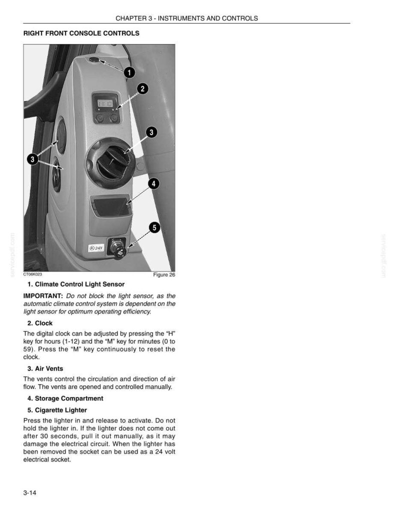May include: Image of a gray vehicle console with labeled controls. Features include a climate control light sensor, digital clock, air vents, storage compartment, and cigarette lighter. Text indicates operational instructions for each component.
