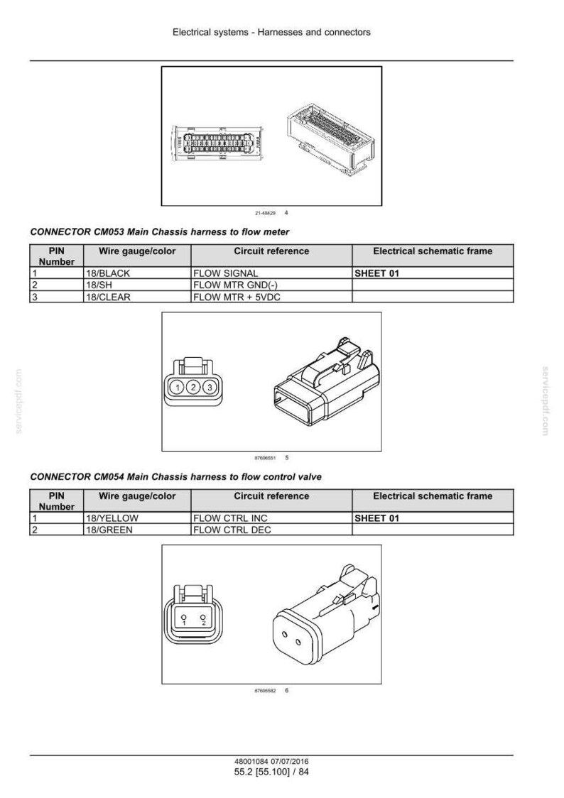 May include: Diagram of electrical connectors and harnesses, including CM053 and CM054 models. The image includes tables detailing wire gauge, circuit references, and electrical schematic frames. Illustrations of the connectors are also present.