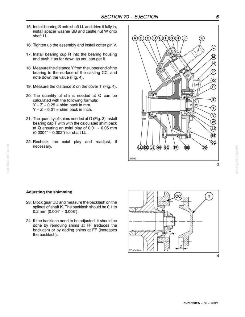 May include: Technical diagram from a manual, labeled "SECTION 70 - EJECTION." It includes detailed illustrations of mechanical components with callouts and measurements in inches. Instructions are provided for assembly and adjustment.