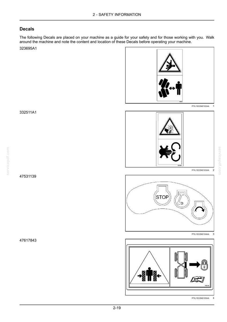 May include: Page from a manual with safety information and decals. The decals include warning symbols and instructions. The text reads "2 - SAFETY INFORMATION" and "Decals".