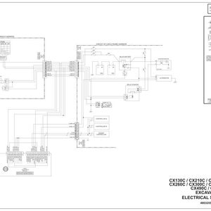 Może przedstawiać: Schemat elektryczny dla modeli koparek CX130C do CX500C. Diagram jest szczeg&oacute;łową czarno-białą ilustracją obwod&oacute;w i komponent&oacute;w, w tym wiązek przewod&oacute;w, przekaźnik&oacute;w i kontroler&oacute;w. Tekst zawiera numery modeli i szczeg&oacute;ły schematu.