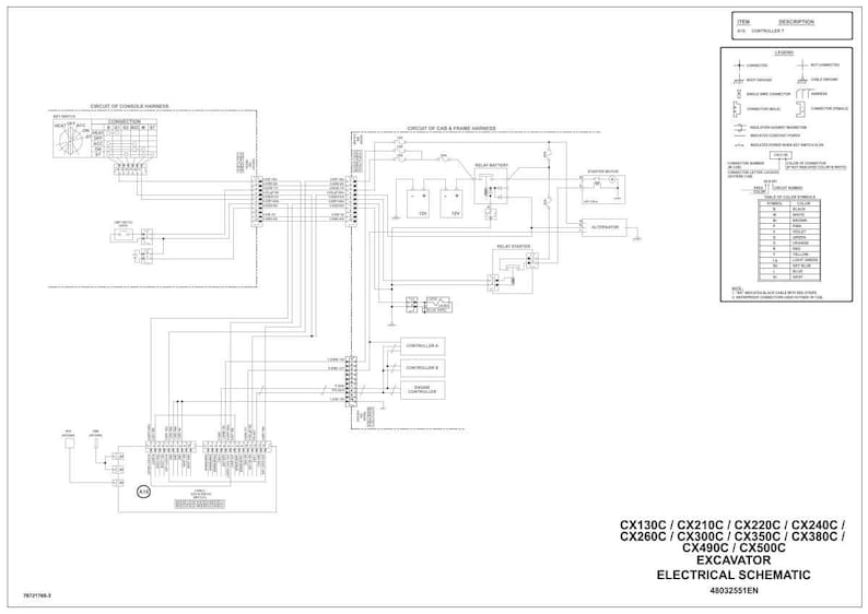 Może przedstawiać: Schemat elektryczny dla modeli koparek CX130C do CX500C. Diagram jest szczeg&oacute;łową czarno-białą ilustracją obwod&oacute;w i komponent&oacute;w, w tym wiązek przewod&oacute;w, przekaźnik&oacute;w i kontroler&oacute;w. Tekst zawiera numery modeli i szczeg&oacute;ły schematu.