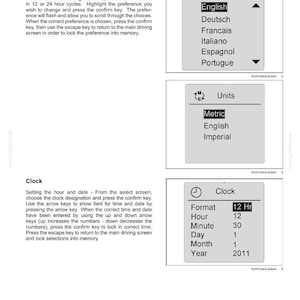 May include: A page from a manual showing controls and instruments. It displays options for language selection, including English, Deutsch, and Francais. Also shown are units of measurement, and clock settings with a 12-hour format, hour 12, minute 30, day 1, month 1, and year 2011.