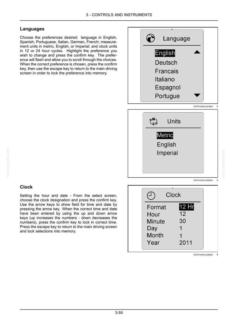 May include: A page from a manual showing controls and instruments. It displays options for language selection, including English, Deutsch, and Francais. Also shown are units of measurement, and clock settings with a 12-hour format, hour 12, minute 30, day 1, month 1, and year 2011.