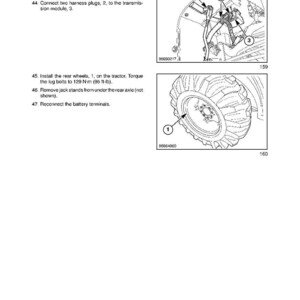 May include: Diagram from a manual showing tractor assembly instructions. The image includes illustrations of wiring connections, a tractor wheel, and text instructions. The text includes steps for connecting linkages, harness plugs, and installing rear wheels.
