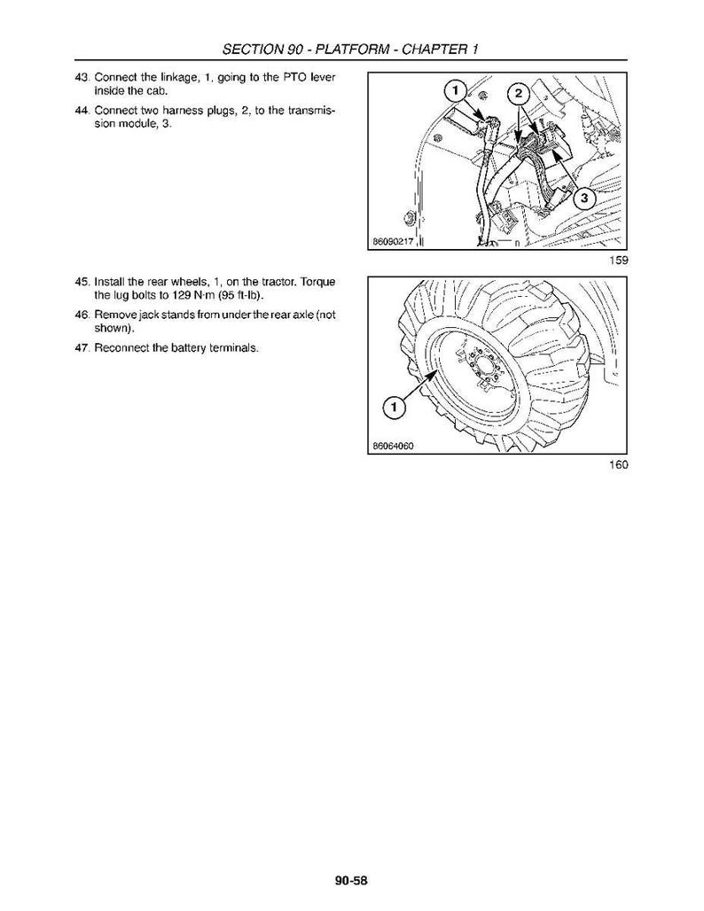 May include: Diagram from a manual showing tractor assembly instructions. The image includes illustrations of wiring connections, a tractor wheel, and text instructions. The text includes steps for connecting linkages, harness plugs, and installing rear wheels.