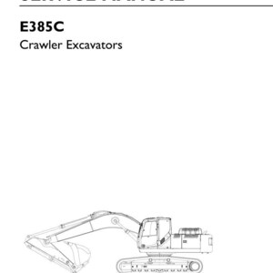 May include: A black and white service manual cover for the E385C Crawler Excavators. The cover includes the text "SERVICE MANUAL" at the top, the model name, and a line drawing of the excavator. The New Holland Construction logo is at the bottom.