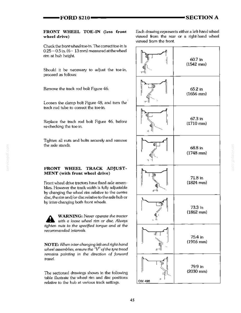 Pu&ograve; includere: Una pagina di manuale tecnico per il trattore Ford 8210, che descrive le procedure di regolazione della convergenza e della carreggiata delle ruote anteriori. Include istruzioni, avvertenze di sicurezza e una tabella di diagrammi da 1542 a 2030 mm.