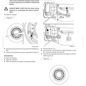 May include: Diagram from a vehicle repair manual showing wheel replacement instructions. Includes illustrations of wheel components, safety warnings, and step-by-step procedures for disassembly and reassembly. Text includes safety precautions and numbered steps.