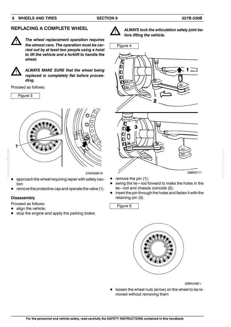 May include: Diagram from a vehicle repair manual showing wheel replacement instructions. Includes illustrations of wheel components, safety warnings, and step-by-step procedures for disassembly and reassembly. Text includes safety precautions and numbered steps.
