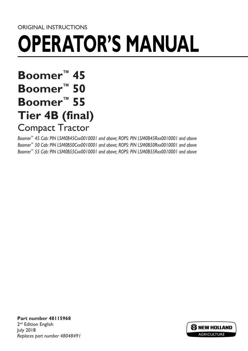 New Holland Boomer 45, 50, and 55 Tier 4B (final) Compact Tractor Operator Owners Operation Manual | Instant PDF Download image 3