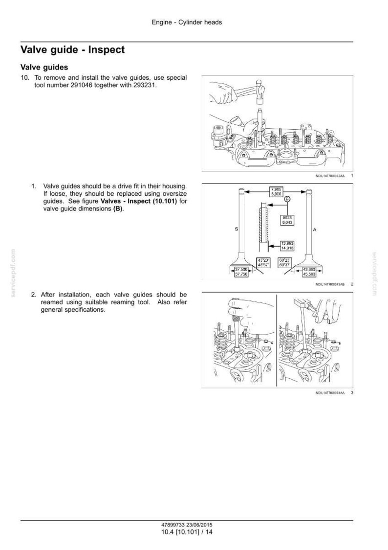 May include: Diagrams and illustrations detailing valve guide inspection and installation procedures for engine cylinder heads. Includes measurements in inches and millimeters, along with tool numbers and specifications for reaming.