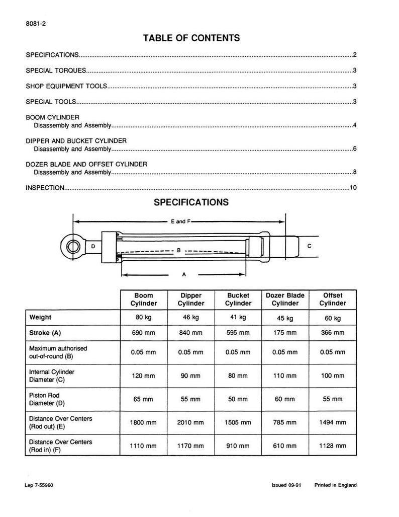 May include: A technical diagram from a manual, featuring a table of contents and specifications for various cylinders. The diagram includes measurements in millimeters for components like piston rod diameter and stroke length. The document is labeled with a part number and issue date.