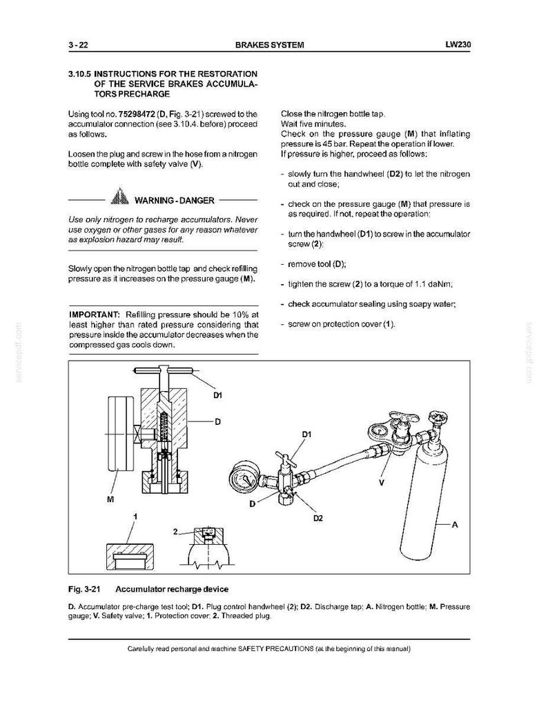 Puede incluir: Diagrama de un dispositivo de recarga de acumulador con una botella de nitr&oacute;geno, un man&oacute;metro y varias v&aacute;lvulas. El texto incluye instrucciones para restaurar los acumuladores de freno y advertencias de seguridad. La imagen es de un manual.
