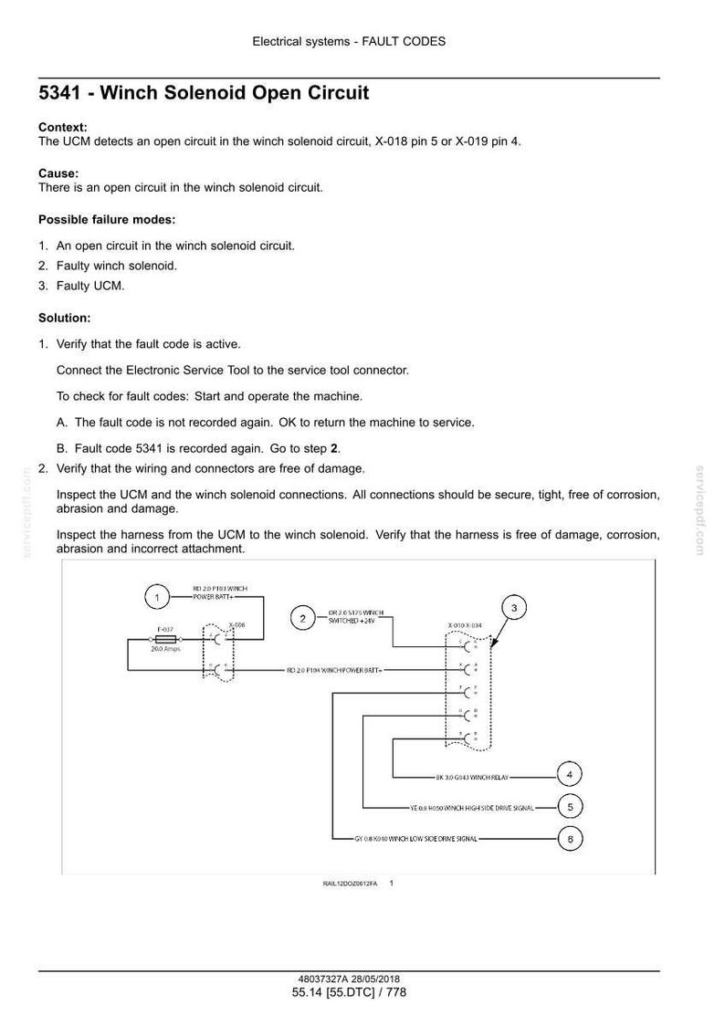 May include: Diagram of electrical system fault codes, specifically for a winch solenoid open circuit. Includes text detailing context, cause, possible failure modes, and solution steps. Features a wiring diagram with numbered components.