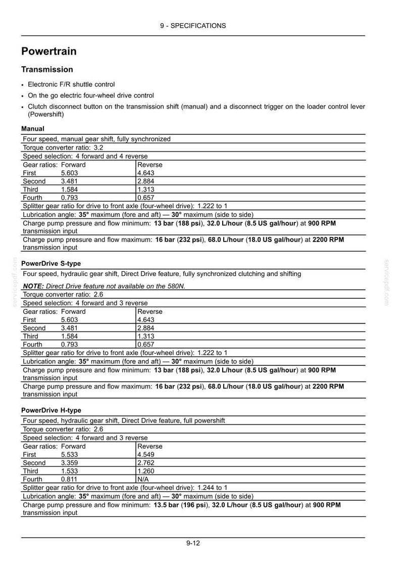 May include: A detailed specification sheet for a powertrain, including transmission details, gear ratios, and torque converter information. Features manual and hydraulic gear shift options, with measurements in bar, psi, and US gallons per hour.