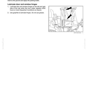 Op de afbeelding: Technische tekening van een machinecabine met pijlen die de smeerpunten voor deur- en raamscharnieren aangeven. Instructies voor onderhoud, gebruik van grafiet en een interval van 2000 uur.