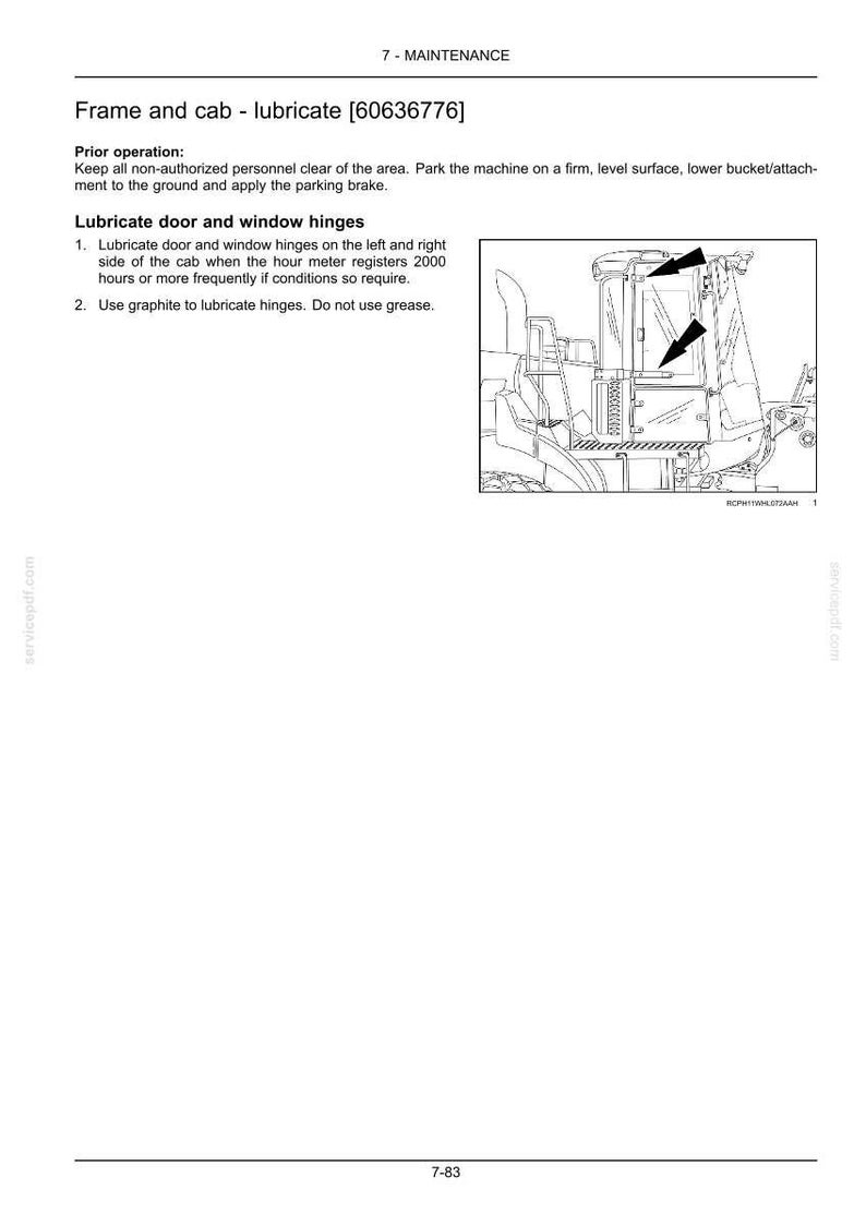 Op de afbeelding: Technische tekening van een machinecabine met pijlen die de smeerpunten voor deur- en raamscharnieren aangeven. Instructies voor onderhoud, gebruik van grafiet en een interval van 2000 uur.