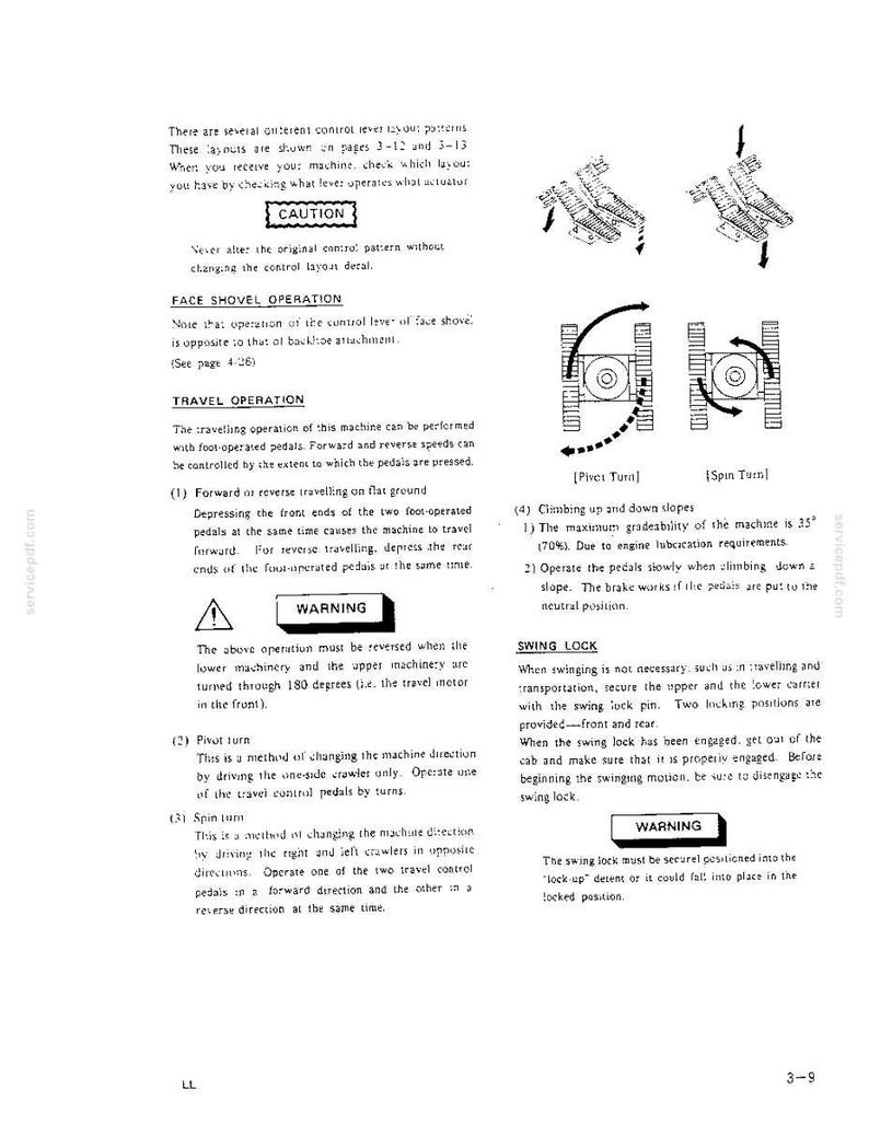 May include: A technical manual page detailing heavy machinery operation, including text instructions for face shovel and travel operations, swing lock procedures, and diagrams illustrating pivot and spin turn maneuvers with foot-operated pedals.