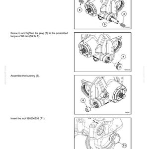May include: A technical manual page titled SECTION 27 - REAR AXLE, featuring four black and white line drawings showing mechanical assembly steps. The diagrams illustrate the installation of springs, a spacer, a plug, a bushing, and a tool labelled T1.