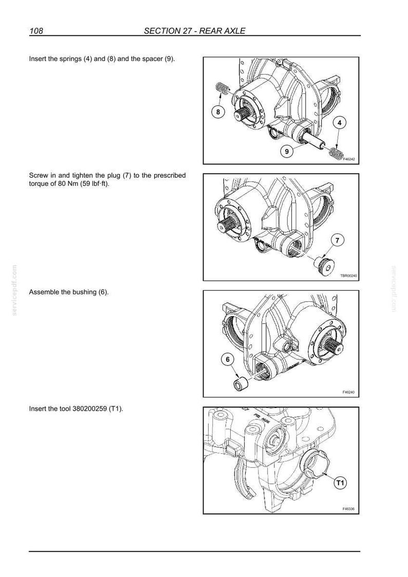 May include: A technical manual page titled SECTION 27 - REAR AXLE, featuring four black and white line drawings showing mechanical assembly steps. The diagrams illustrate the installation of springs, a spacer, a plug, a bushing, and a tool labelled T1.