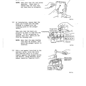 May include: A technical manual page featuring three black and white line drawings illustrating mechanical assembly steps for a pump housing, including a control rack, plunger barrel, knock pin, and delivery valve gasket installer tool.