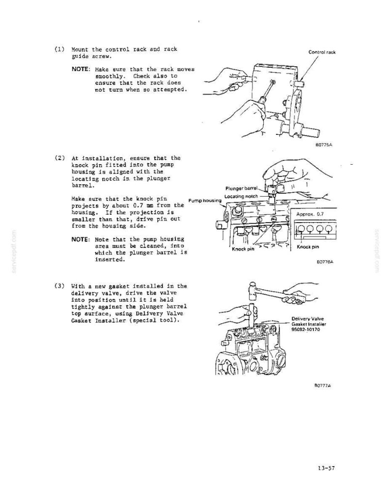 May include: A technical manual page featuring three black and white line drawings illustrating mechanical assembly steps for a pump housing, including a control rack, plunger barrel, knock pin, and delivery valve gasket installer tool.