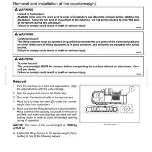 May include: A page from a manual detailing the removal and installation of a counterweight on a machine. The text includes safety warnings and instructions. A diagram of the machine shows the counterweight and related areas. The counterweight mass is 10000 kg (22046 lb).