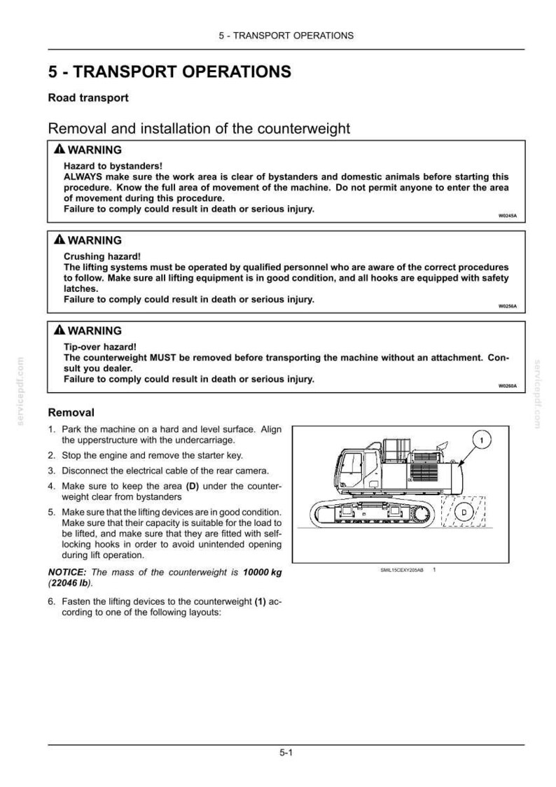 May include: A page from a manual detailing the removal and installation of a counterweight on a machine. The text includes safety warnings and instructions. A diagram of the machine shows the counterweight and related areas. The counterweight mass is 10000 kg (22046 lb).