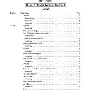 May include: A white page from a manual titled "SECTION 10 - ENGINE SYSTEMS." The page includes a table of contents for Chapter 1, listing engine components like camshaft, flywheel, and cylinder head, with corresponding page numbers.