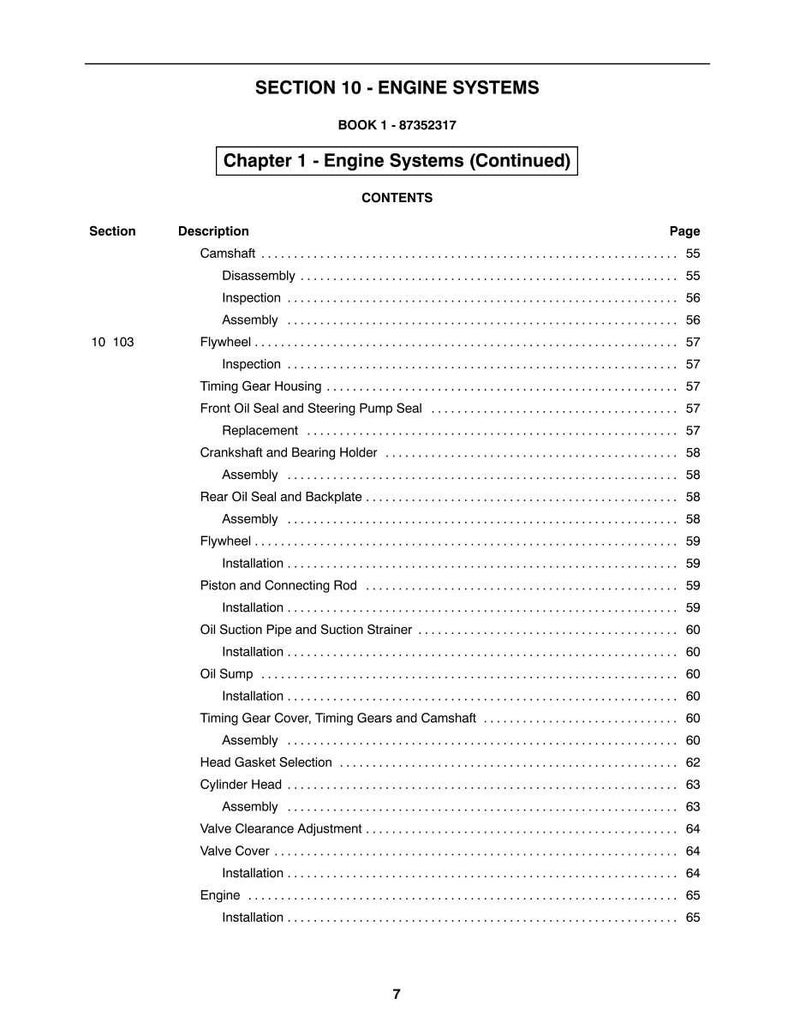 May include: A white page from a manual titled "SECTION 10 - ENGINE SYSTEMS." The page includes a table of contents for Chapter 1, listing engine components like camshaft, flywheel, and cylinder head, with corresponding page numbers.
